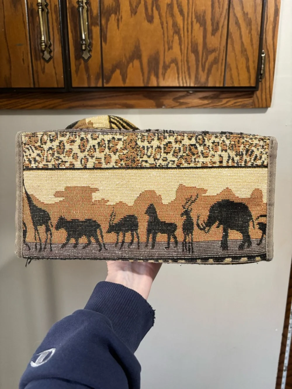 Jade Safari Shoulder Tote in Tan & Brown African Print Elephants Leopard Zebra